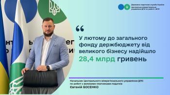 У лютому до загального фонду держбюджету від великиго бізнесу надійшло 28,4 млрд гривень